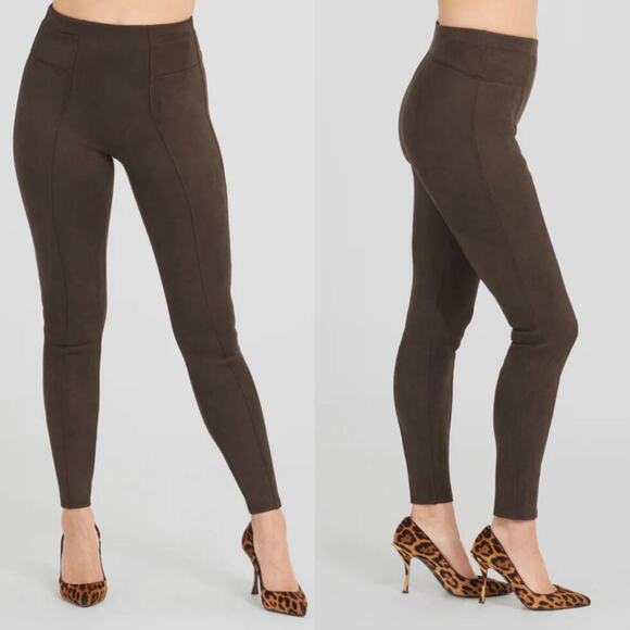 Spanx Leggings Womens Small Brown Faux Suede Chocolate High Rise Slimming Shape - Picture 1 of 9